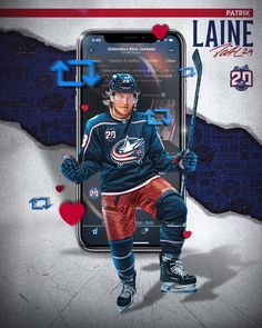 an image of a hockey player holding a stick in front of his face and phone screen