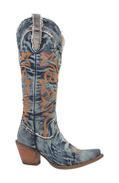 Classic topstitching amplifies the cowgirl aesthetic of a knee-high Western boot done in artfully faded denim. 3" heel 15" shaft Removable, cushioned insole Textile upper and lining/rubber sole Imported Western Denim Boots For Rodeo, Western Denim Blue Boots For Fall, Western Style Denim Blue Boots For Fall, Denim Blue Western Boots For Fall, Western Denim Boots With Round Toe, Western Denim Boots, Western Style Denim Blue Boots With Round Toe, Western Boots With Round Toe In Denim Blue, Denim Blue Western Boots With Round Toe