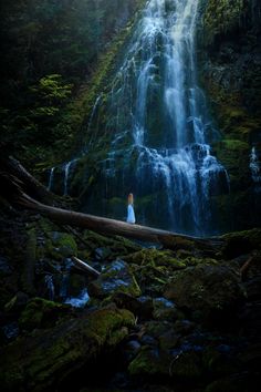 a woman is standing on a log in front of a waterfall with water cascading over it