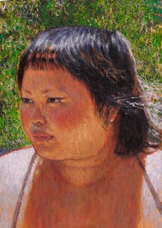 an oil painting of a woman's head with trees in the back ground behind her