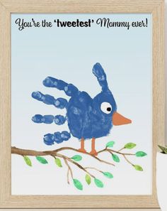 a blue bird sitting on top of a tree branch with the words you're the sweetest mommy ever