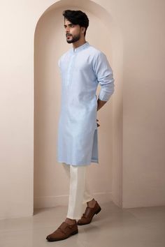 Blue kurta with beads and thread work embroidery. Paired with a plain contrasting straight pant. - Aza Fashions Fitted Light Blue Kurta With Dabka Work, Festive Light Blue Kurta With Dabka Work, Unstitched Light Blue Kurta With Dabka Work, Unstitched Light Blue Kurta With Chikankari Embroidery, Light Blue Kurta With Chikankari Embroidery For Eid, Traditional Light Blue Salwar Kameez With Dabka Work, Light Blue Straight Kurta For Eid, Traditional Light Blue Kurta For Eid, Light Blue Chikankari Embroidery Kurta For Eid