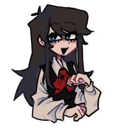 an anime character with long black hair and blue eyes, holding a white bag in her hand