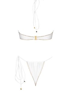 The June by Seashell Bikini is a halter bikini top with wrap around feature and adjustable neck tie that can be worn in various different ways. The Pearl in biscuit by Seashell Bikini is a brazilian tie side bikini bottom featuring versatile delicate strings and gold embellishments. The beauty and the value of this swimsuit linked to luxury are their rich fabrics and hand embroidery with gold seashells. As part of Seashell Bikini's Seashell collection, halter style bikini top and brazilian bikin Elegant Triangle Top Swimwear For Festivals, White Beachwear Halter Top For Party, Elegant Adjustable Swimwear For Poolside, Adjustable Tie-side Bottom Swimwear For Party, Adjustable Tie-side Swimwear For Party, Elegant Bandeau Halter Top For Beach, Elegant String Swimwear For Summer, Adjustable Halter Neck Swimwear For Party, Elegant String Swimwear For Beach