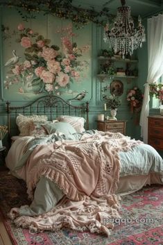 a bedroom with green walls and pink flowers on the wall above the bed, along with an ornate chandelier