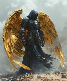 a man with gold wings standing on top of a pile of rubble in front of clouds