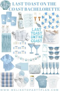 a collage of blue and white items with the words last toast on the bachelor