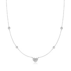 Ross-Simons - .18 T. t. w. Diamond Heart Necklace in 14kt White Gold. 16". Sweet and petite! Our charming necklace features a diamond-studded heart that gives the look of .90 ct. t. w. diamonds. Crafted in polished 14kt white gold and centered on a dainty cable chain with single bezel-set diamonds for a fresh touch of sparkle. Total diamond weight is .18 carats. Includes a 2" extender. Springring clasp, diamond heart necklace. Diamond birthstones are the perfect gift for April birthdays. Diamond Heart Necklace, April Birthday, Diamond Birthstone, Heart Necklace Diamond, Diamond Jewelry Necklace, Necklace Diamond, Bezel Set Diamond, Diamond Heart, Bezel Setting