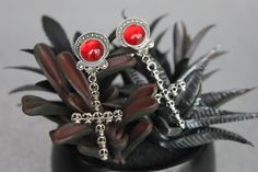 "These earrings / plugs are pictured as 2g Stainless Steel Double Flare plugs, but are available in various sizes! These have a Red face on a filigreed setting with a dangle that is a large cross made of skulls. Some serious old school biker vibes :) ★You can choose★ ✪316L Stainless Steel Single Flare Tunnels [black rubber O-ring on the back] ✪316L Stainless Steel Double Flare Tunnels  ✪ Acrylic No Flare plugs [black rubber O-ring on the back] [color based on size availability] ✪16G \"ballbacks\ Old School Biker, Biker Vibes, Scary Vampire, Vampire Goth, Red Face, Red Skull, Gauged Earrings, Plugs Earrings, Gauges Plugs