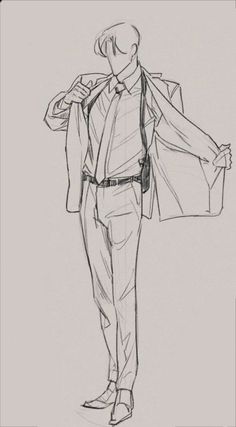 a drawing of a man in a suit and tie with his hands on his hips