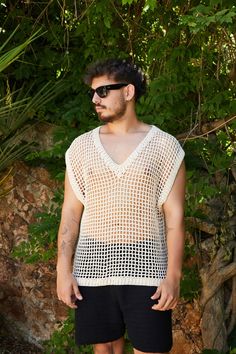 Product Details; -Oversize Transparent Crochet Sweater, -This Oversize Crochet Sweater is perfect for hot summer days. Available sizes  S-M-L .Model is wearing S size. -Free Shipping to Worldwide ✈️ -İt is completely hand knitted  -İt is knitted high quality cotton yarn 🧶 -Some of our products are ready to ship and ship within 1-2 days. Some are made to order and will be ready to ship in 1-2 weeks at the latest. -You can customize pattern,color and size of our  all products as you wish. Please Oversize Crochet Sweater, Unisex Crochet, Macrame Clothes, Crochet Men, Sweater Handmade, Beach Sweater, Pull Oversize, Crochet Clothing And Accessories, Queer Fashion