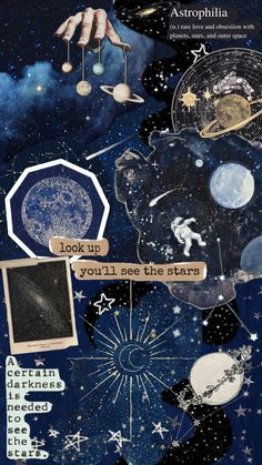 an artistic collage with space, stars and other things in the sky on it