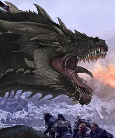 a dragon with its mouth open in front of other people and mountains, while the sky is