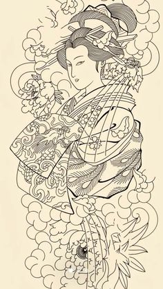 an ink drawing of a woman holding a fish in her arms with clouds and flowers around her