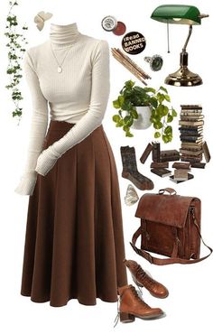 Long Brown Skirt Outfit, Edwardian Cottage, Dark Academia Outfits, Dark Academia Fashion, Academia Fashion