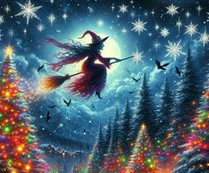 a painting of a witch flying through the night sky over a christmas tree filled with lights