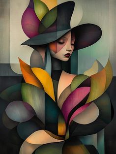 an abstract painting of a woman wearing a hat with leaves around her neck and face