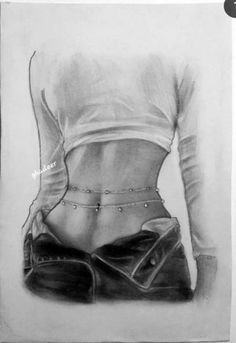 a pencil drawing of a woman's back with her hands on her hips and wearing leather pants