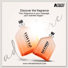 The ad design is for a cologne called Nitro by CyZone. The text “Discover the fragrance” is at the top of the ad, written in a large, white font. Below the text are three stacked bottles of Nitro cologne in a light blue color.  The text  “Your fragrance is your message, your scented slogan” is written in black below the cologne bottles.  The CyZone logo is in a pinkish-red color in the lower right corner of the ad.  The overall design of the ad is simple and elegant. The light blue color of the cologne bottles and the white background create a clean and refreshing feel. The black text is easy to read and contrasts well with the white background. Ads Graphic Design, Perfume Ads, Cologne Bottles, Ads Design, Pinkish Red, Graphic Design Advertising, Ads Creative, Perfume Collection