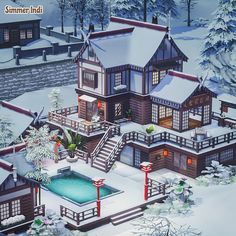 a large house with a pool in the middle of it and snow on the ground