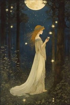 a painting of a woman in the woods holding a star above her head and looking up at the sky