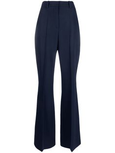 navy blue virgin wool high waist belt loops hook and zip fly fastening two side slash pockets pressed crease flared design unlined Campus Fashion, Uzun Boy, Balmain Clothing, Campus Style, Flared Trousers, Bell Bottom Pants, Flare Trousers, Fashion Fall, Dark Navy Blue