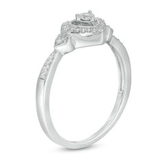 Take the next step with this shimmering diamond promise ring. Crafted in sterling silver, this open heart frame - centered with a single diamond artfully set to enhance size and sparkle - is flanked by single diamonds in heart-shaped frames. The pinched shank also glimmers with diamonds. Radiant with 1/10 ct. t.w. of diamonds and a brilliant buffed luster, this promise ring celebrates your next step. Custom-made to fit her ring size. Sterling silver rings cannot be resized after purchase. Open Heart Diamond Ring For Anniversary, Formal Silver Diamond Heart Ring, Heart Shaped Diamond Birthstone Ring With Accents, Silver Heart Ring With Diamond Accents For Anniversary, Formal Diamond White Heart Ring With Halo Setting, Silver Diamond Halo Birthstone Ring, White Gold Open Heart Diamond Promise Ring, Silver Heart Cut Single Diamond Ring, Silver Heart Ring With Vvs Clarity For Promise