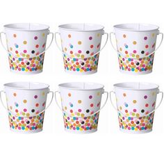 six white buckets with multicolored polka dots on them