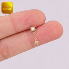 Metal: 14k solid gold, Available Gold color: Yellow gold  Guaranteed Authentic: 14k Solid Gold，Not Gold Plated or Gold Filled Stone:  CZ Thickness:0.82mm (20G) Stamp:14k ★Every ear is different, the length of backings that most suitable for your ear will depend on your ear thickness ★Titanium is a very safe metal, so we don't plate it, in order to avoid some people are allergic to the plating material. NOTE The item combined by 14k solid gold and implant grade titanium push in back,  packed in a beautiful Jewelry Box   SHIPPING ADDRESS All the orders will ship to the supplied address through your Etsy Order, Please leave your phone number,will give to carrier for safe deliver. We will not send and replacement parcels due to incomplete or inaccurate address.  PACKING ●Can be Gift packed inc Tiny Gold Dangle Cartilage Earrings, Tiny Gold Star Cartilage Earrings, Gold Piercings With Star Charm As Gift, Gold Star-shaped Dainty Cartilage Earrings, Gold Dainty Star Cartilage Earrings, Gold Dainty Cartilage Earrings With Star Charm, Dainty Gold Cartilage Earrings With Star Charm, Dainty Gold Star Cartilage Earrings, Gold Starburst Single Earring