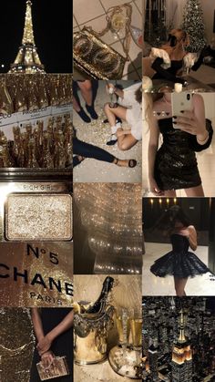 a collage of photos with gold and black outfits, chandeliers, purses