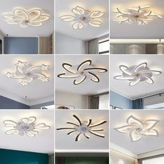 several pictures of different types of lights on the ceiling and in the wall, including flowers