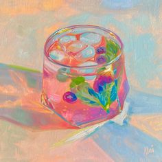 an oil painting of a glass filled with liquid and flowers on a pastel background