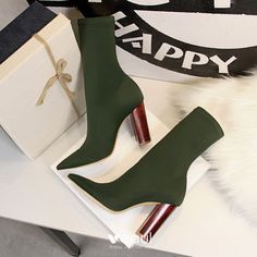 Modest / Simple Dark Green Street Wear Womens Boots 2020 9 cm Thick Heels Pointed Toe Boots Trend Boots, Platform Heel Boots, Silk Shoes, Pointed Ankle Boots, Pointed Boots, Boots Chunky, Sock Boots, Heels High, Chunky Heels Boots