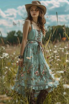 a woman wears sundress, a hat and cowboy boots for summer, western outfits Dressy Country Outfits Women, Prom Dress With Boots, Country Dresses With Cowboy Boots, Country Sundress, Country Casual Outfits, Country Dresses With Boots, Dressy Western Outfits Women, Cottage Homestead, Country Western Dresses