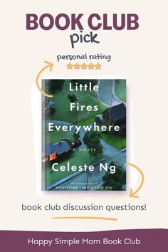 the book club flyer for little fires everywhere celese ng, with an image of houses and trees