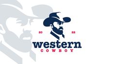 the western cowboy logo is shown in blue and red, with an image of a man's face