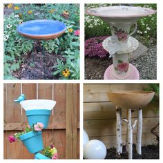 four different pictures with flowers and vases in the same photo, one has a birdbath on it