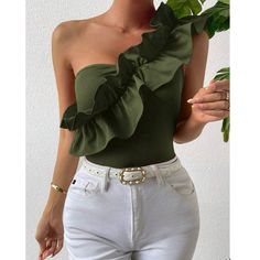 Olive Green One Shoulder Ruffle Trim Bodysuit. Size Large. New And Never Worn. Inventory # 114 Tops Bonitos, Moda Do Momento, Neck Details, Party Pattern, Clothing Model, Women Blouses Fashion, Top Shein, Style Party, Pink Style