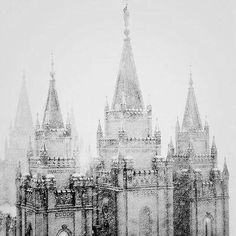 a black and white photo of a castle in the snow with people walking around it