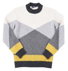 Drumohr Lambswool Sweater   drumohr pullover Contemporary fit Crewneck collar Knit cuffs and hems Artisan seam detailing Made in Italy Material Details Charcoal, yellow, cream, and light gray geometric patterned lambswool fabric with soft brushed finish. 100% wool Fall and winter weight Soft knit hand Condition New with tag Labeled a European size 50. Measurements 21" (underarm-to-underarm) Chest 17" (seam-to-seam) Shoulder 25" (from shoulder) Sleeves 25.5" (from base of collar)  Length Modern Gray Winter Sweater, White Wool Crew Neck Outerwear, White Wool Outerwear With Crew Neck, Lambswool Sweater, Yellow Cream, Winter 2024, Knit Cuff, Fall And Winter, Soft Knits