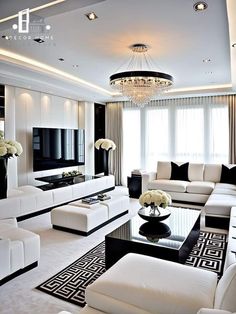 a living room filled with furniture and a chandelier