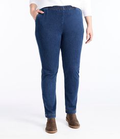 Pairing comfort and style, these women’s elastic waist jeans are our most popular stretch pants, now in the ultrasoft fabric of our Comfort Knit Jeans. Inseams: Regular 29½", Petite 27½", Medium Tall 31½", Plus 29½". Original Fit: Sits higher on the waist. Relaxed through hip and thigh. Tapered-leg. Wrinkle-resistant 96% cotton, 4% spandex for shape retention. Machine wash and dry. Stretches and moves with you but always recovers its shape. Comfortable gathered waistband. Front pockets. Printed Mid-rise Pull-on Jeans For Everyday, Mid-rise Pull-on Pants For Everyday, Everyday Mid-rise Pull-on Style Pants, Everyday Mid-rise Pull-on Bottoms, Stretch Denim Pull-on Jeans, Denim Blue Stretch Cotton Jeggings, Stretch Cotton Denim Blue Jeggings, Stretch Dark Wash Jeggings With Pockets, Comfort Stretch Pull-on Everyday Pants