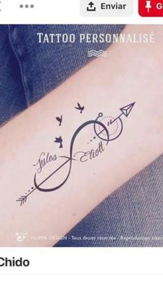 a tattoo on the arm that says tattoos personalise with birds flying around and an arrow