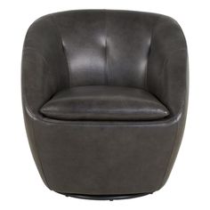 a black leather chair with an oval shaped back and foot rests on a metal base