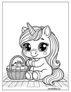 a little pony sitting next to a basket full of fruit