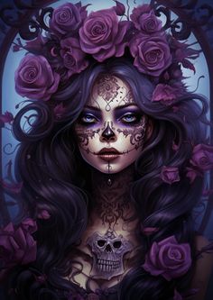 a woman with purple roses on her head and skull in the middle of her body