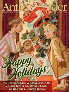 an old fashioned christmas card with children decorating the tree