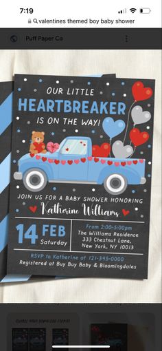 a baby shower is shown with an image of a bear in the truck on it