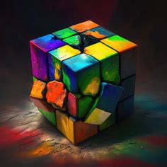 a multicolored cube is sitting on the ground