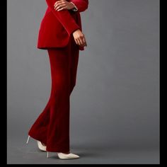 Elite Tahari Red Velvet Pants Style: Leena Pant Color: Redwood Never Been Worn Burgundy Fitted Pants For Parties, Fitted Burgundy Pants For Party, Red Elegant Formal Dress Pants, Elegant Fitted Red Dress Pants, Elegant Red Formal Dress Pants, Red Fitted Pants For Evening, Evening Fitted Red Pants, Red Full Length Formal Dress Pants, Red Wide-leg Pantsuit For Formal Occasions